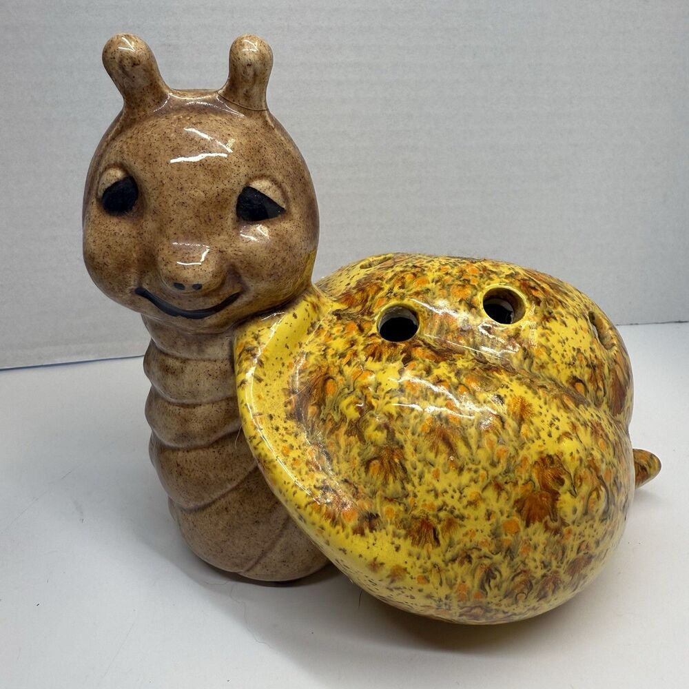 Vintage Pottery Ceramic Hand Painted Whimsical Snail Flower Frog Holder Figurine